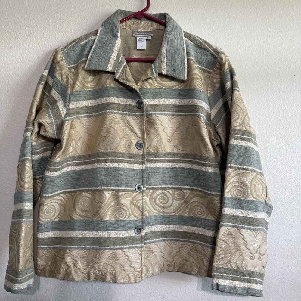 Coldwater Creek‎ Large Modernist Soft Sage Gold Artful Funky Art Jacquard Jacket